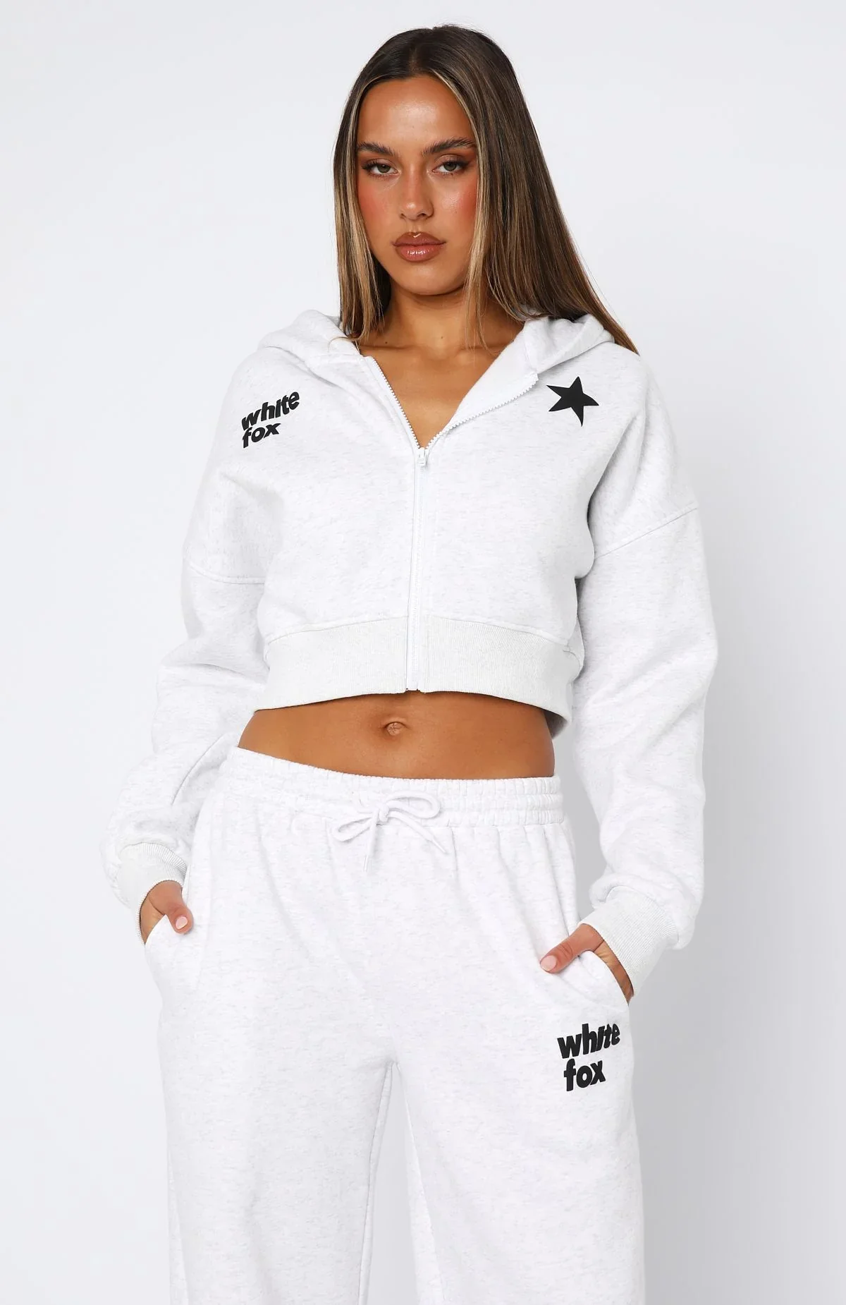 From The Archives Charli Cropped Zip Front Hoodie Grey Marle - luluinthesky