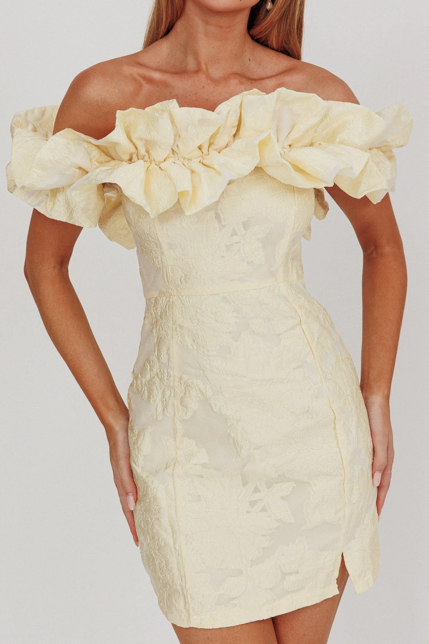 Memoire Off-Shoulder Jacquard Mini Dress Lemon - luluinthesky