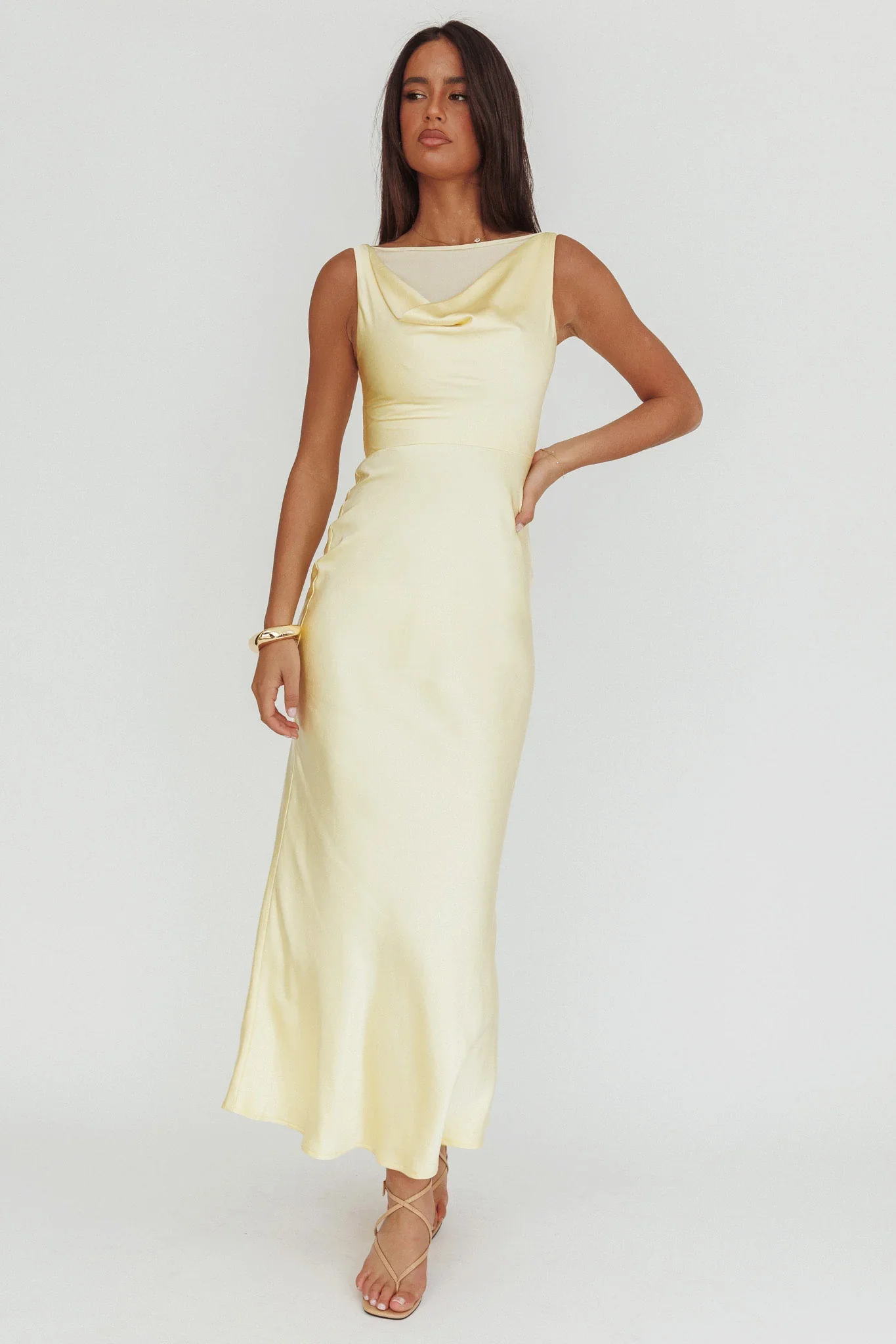 Venus Rising Sleeveless Cowl Neck Maxi Dress Butter - luluinthesky