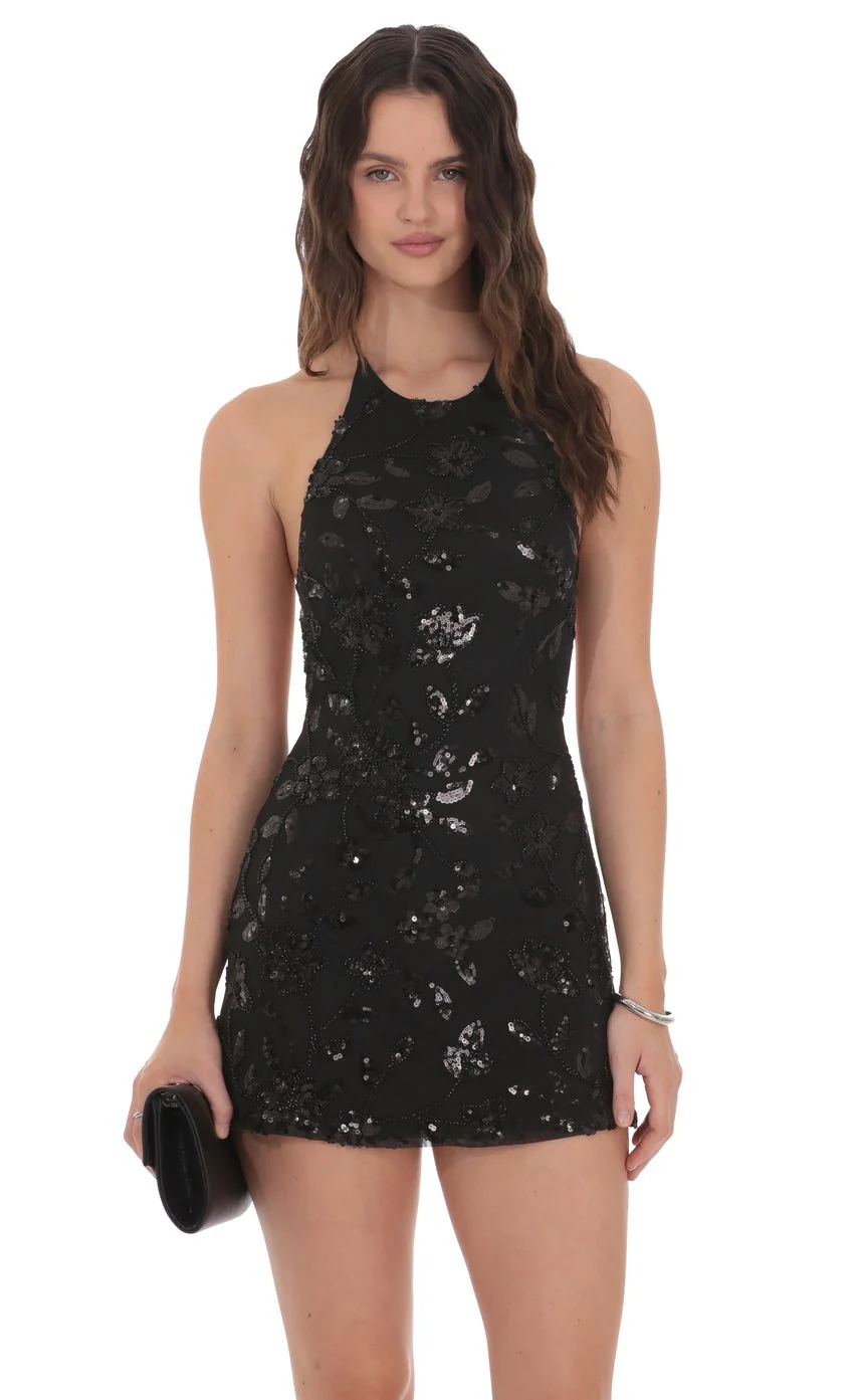 Mesh Sequin Halter Dress in Black - luluinthesky