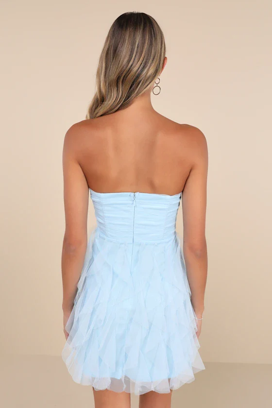 Delightful Beauty Light Blue Mesh Strapless Ruffled Mini Dress - luluinthesky