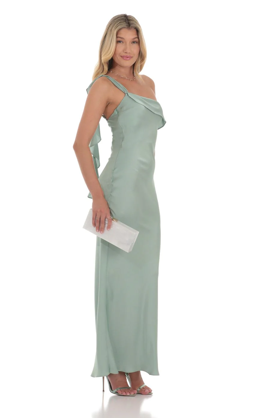 Satin One Shoulder Tassel Maxi Dress in Sage - luluinthesky