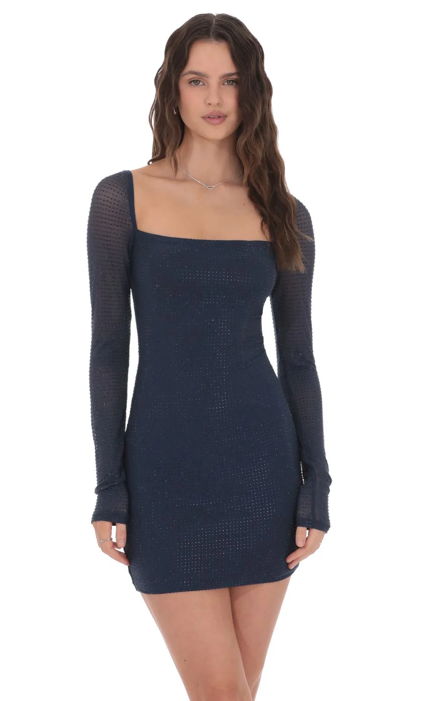 Rhinestone Long Sleeve Dress in Navy - luluinthesky