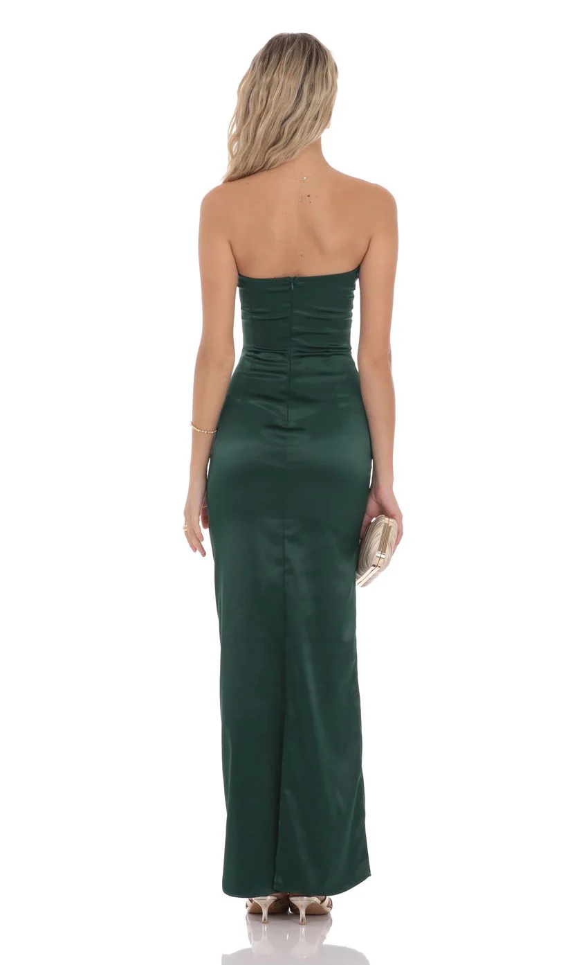 Satin V-Strapless Maxi Dress in Green - luluinthesky