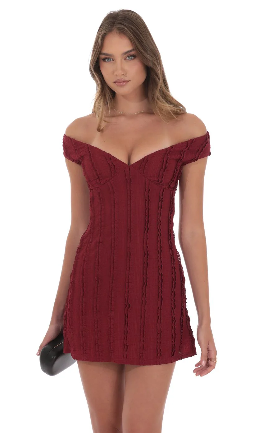 Off Shoulder Lace Dress in Maroon - luluinthesky