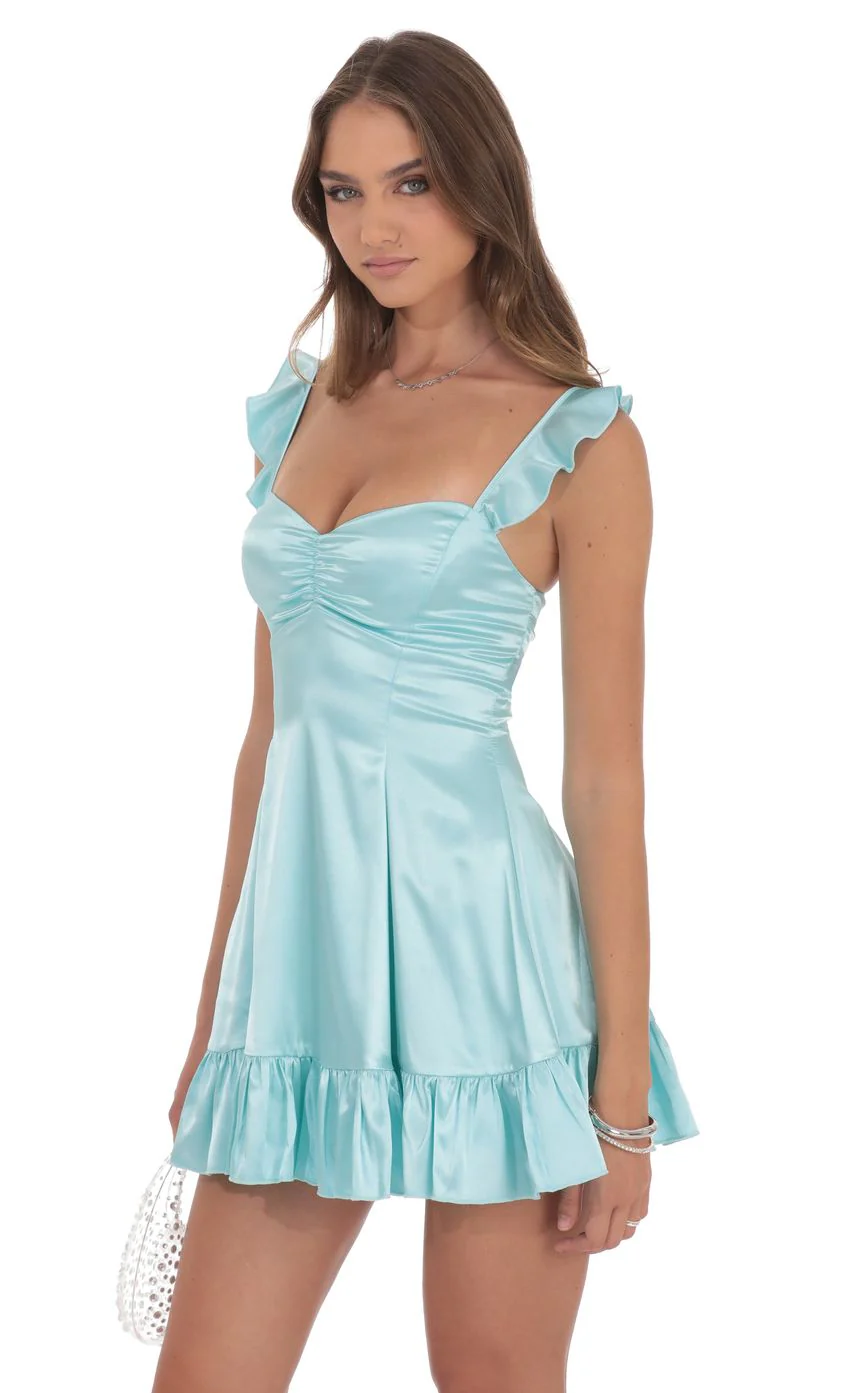Satin Ruffle Fit and Flare Dress in Turquoise - luluinthesky