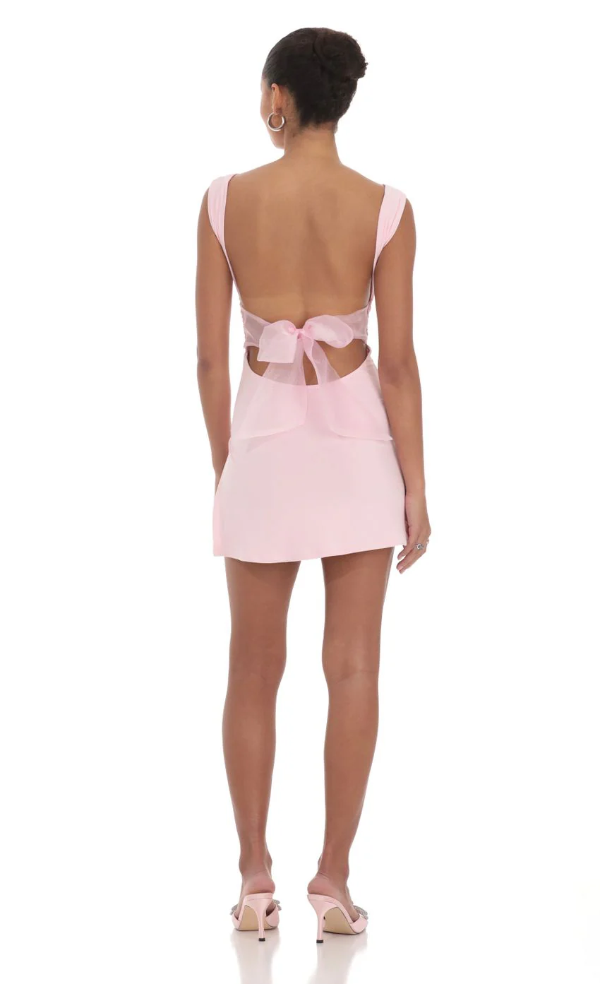 Tulle Back Bow Ruched Bodycon Dress in Pink - luluinthesky