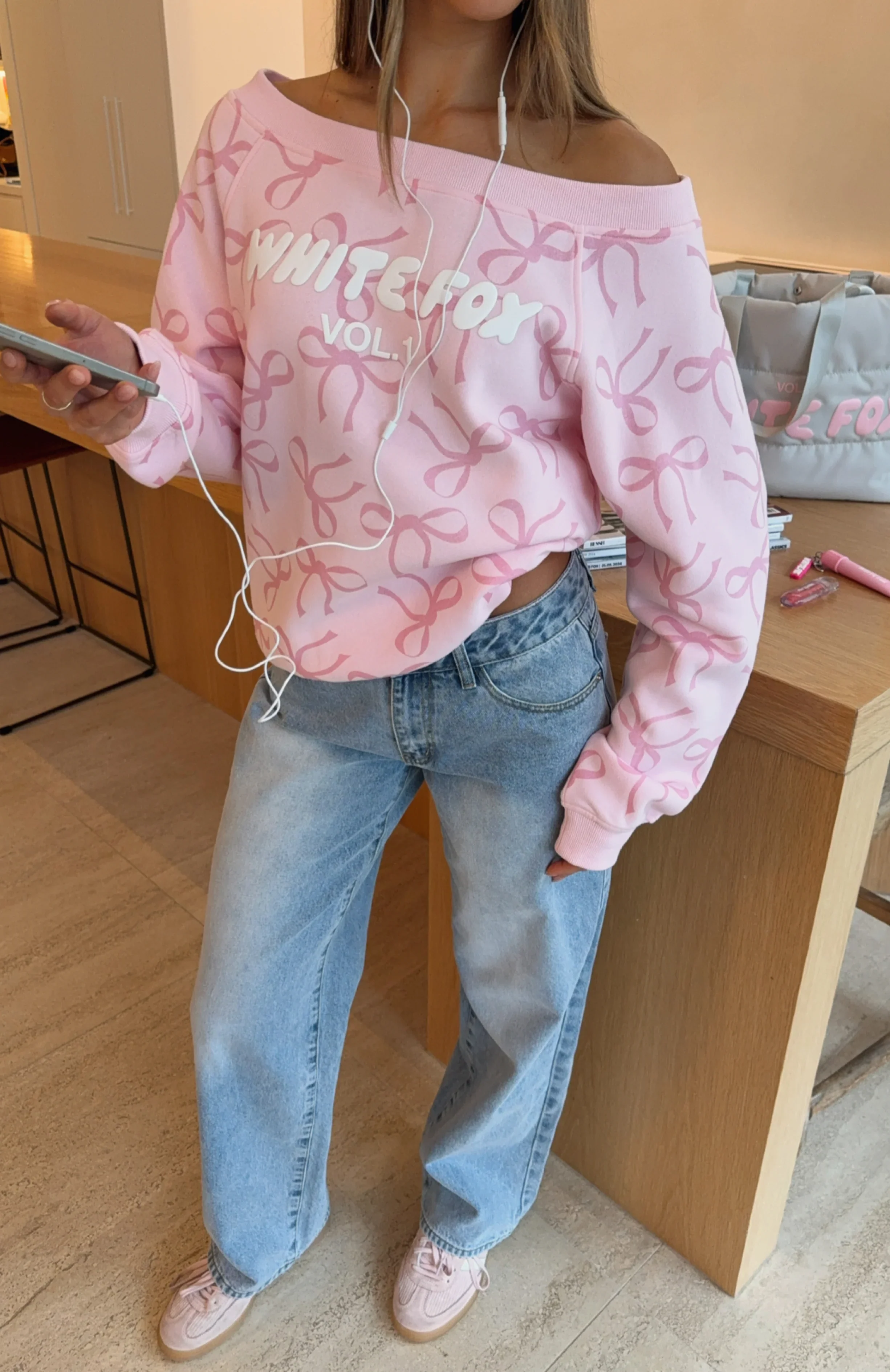 Vol. 1 Off Shoulder Printed Sweater Posy Bow - luluinthesky