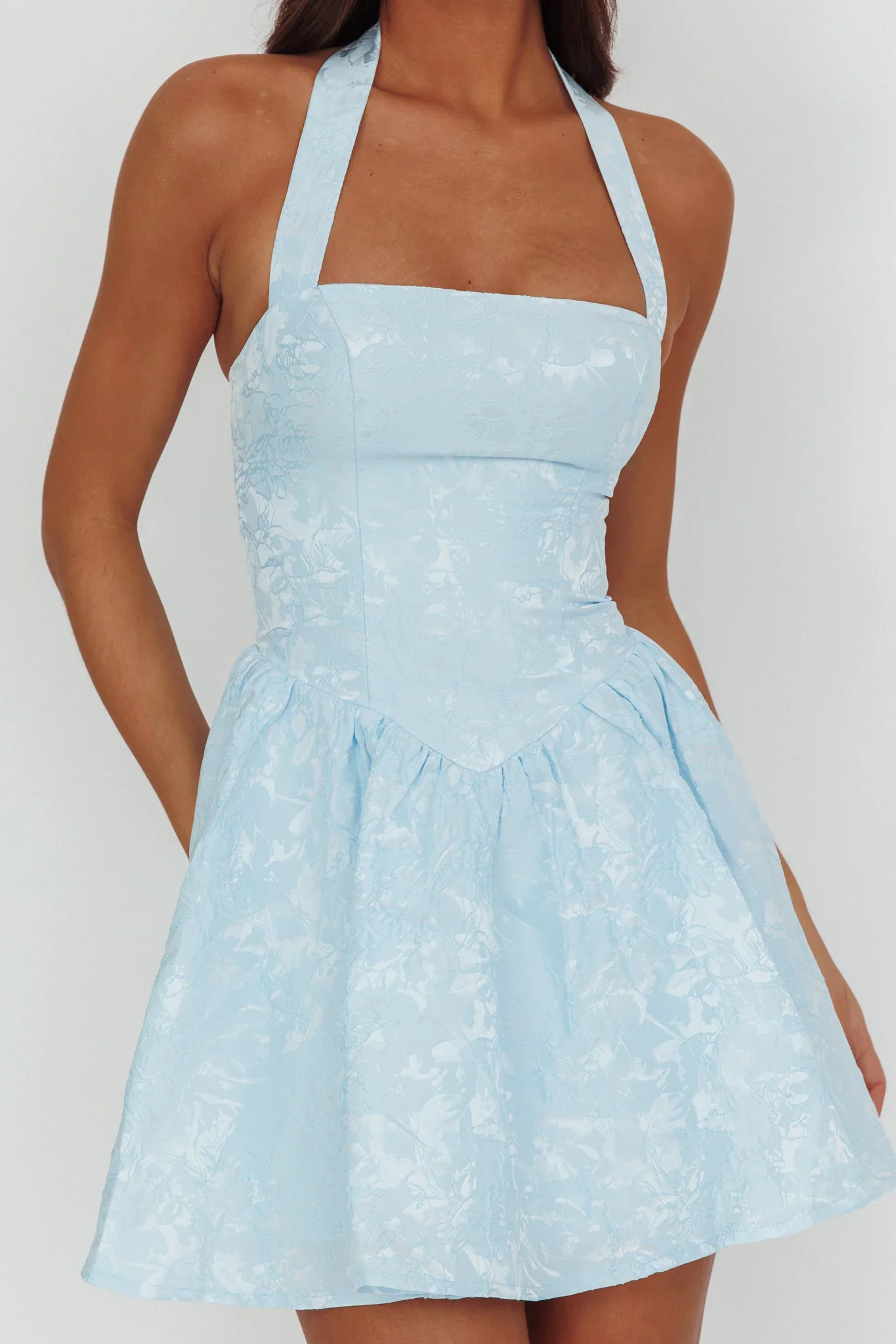 Serrah Halter Mini Dress Jacquard Blue - luluinthesky