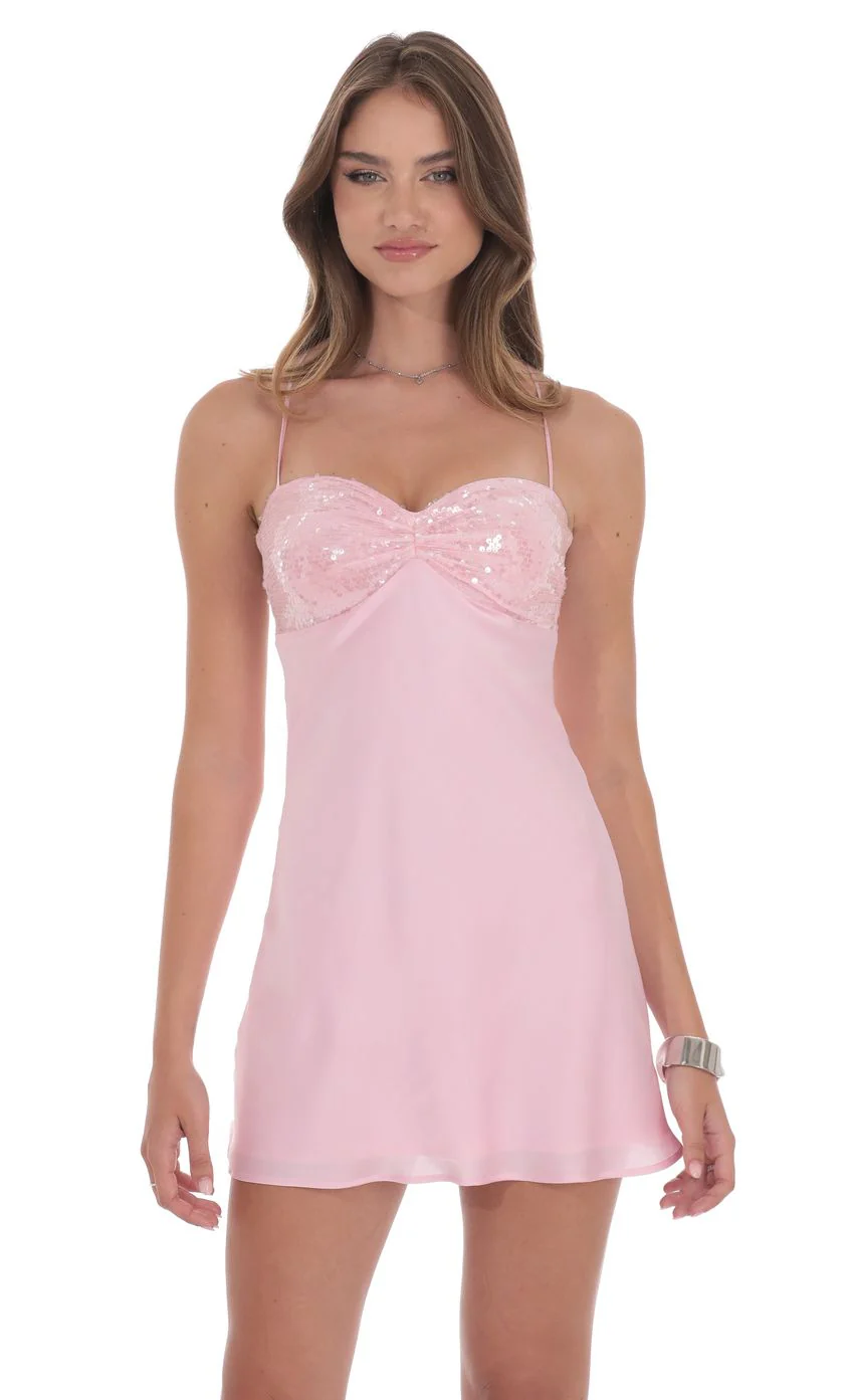 Satin Sequin Bust Dress in Pink - luluinthesky