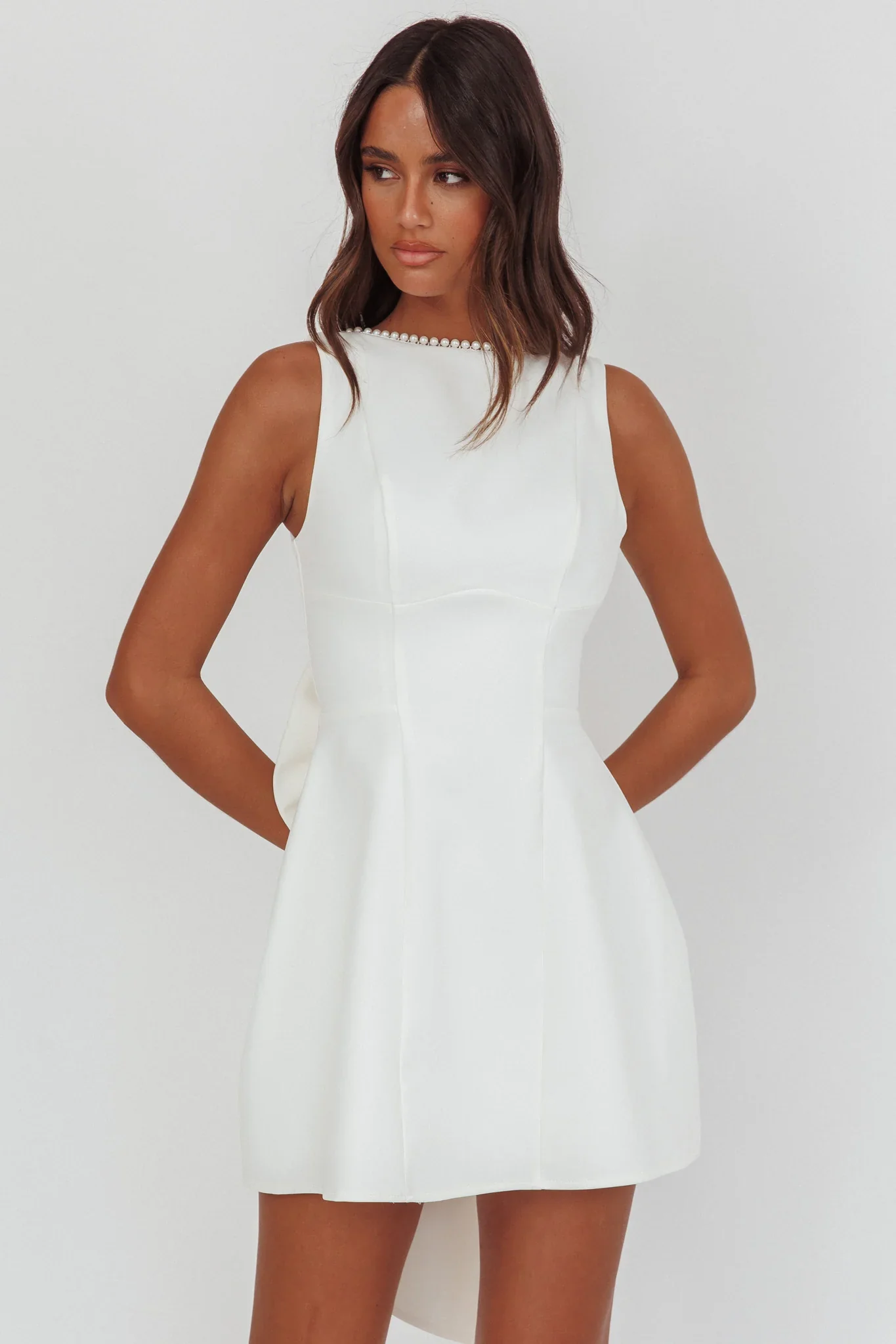 Opulent Pearl Trim Oversized Bow Mini Dress White - luluinthesky
