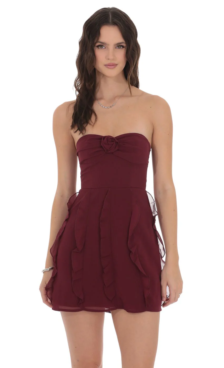 Chiffon Rosette Ruffle Dress in Burgundy - luluinthesky