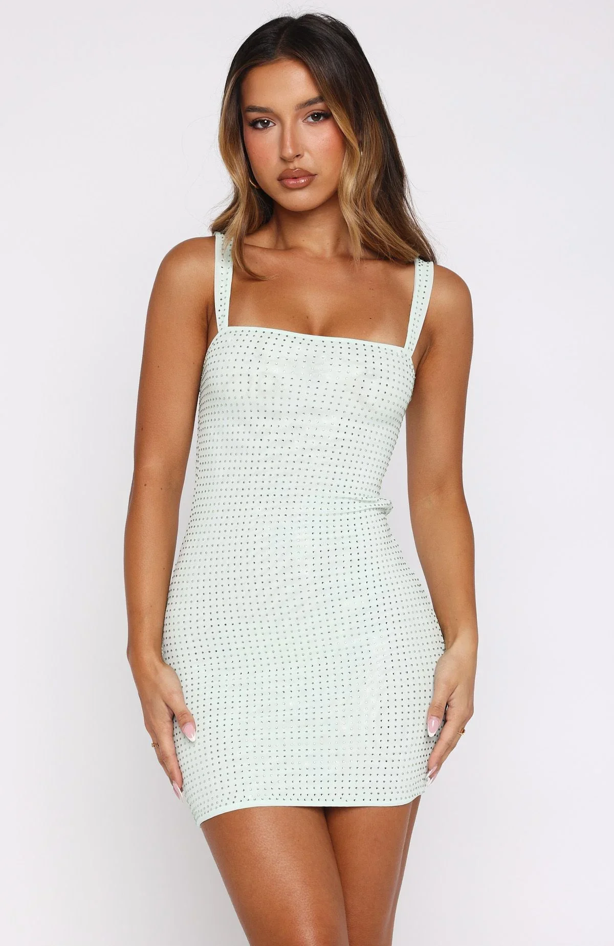 Pump The Volume Embellished Mini Dress Mint - luluinthesky