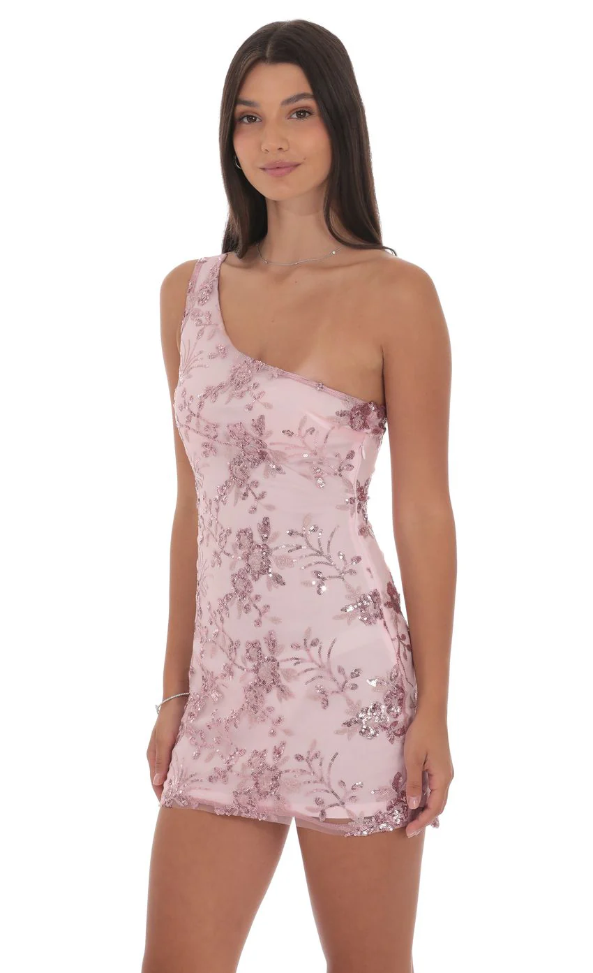 Floral Sequin One Shoulder Dress in Pink - luluinthesky