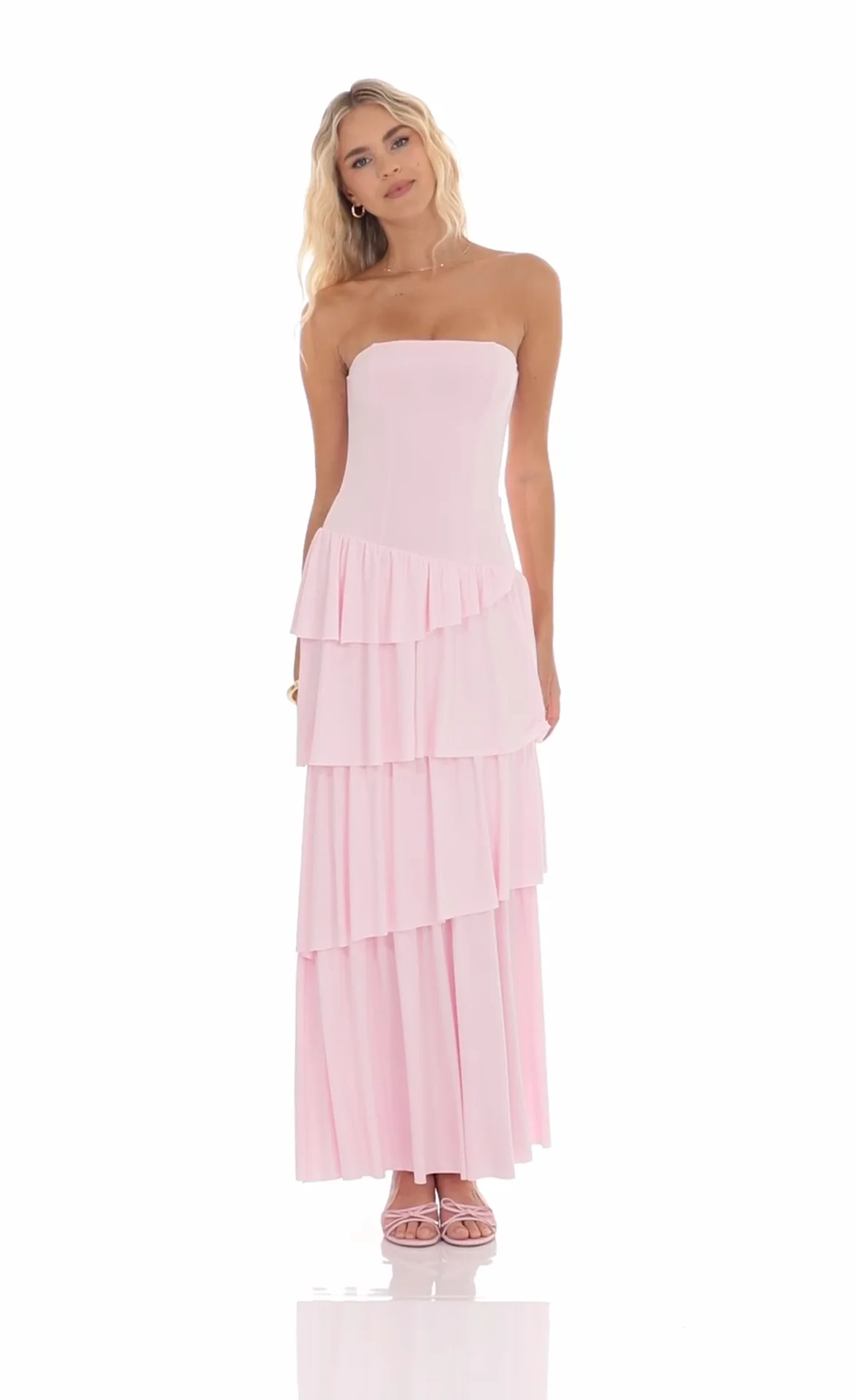 Strapless Asymmetrical Ruffle Maxi Dress in Pink - luluinthesky