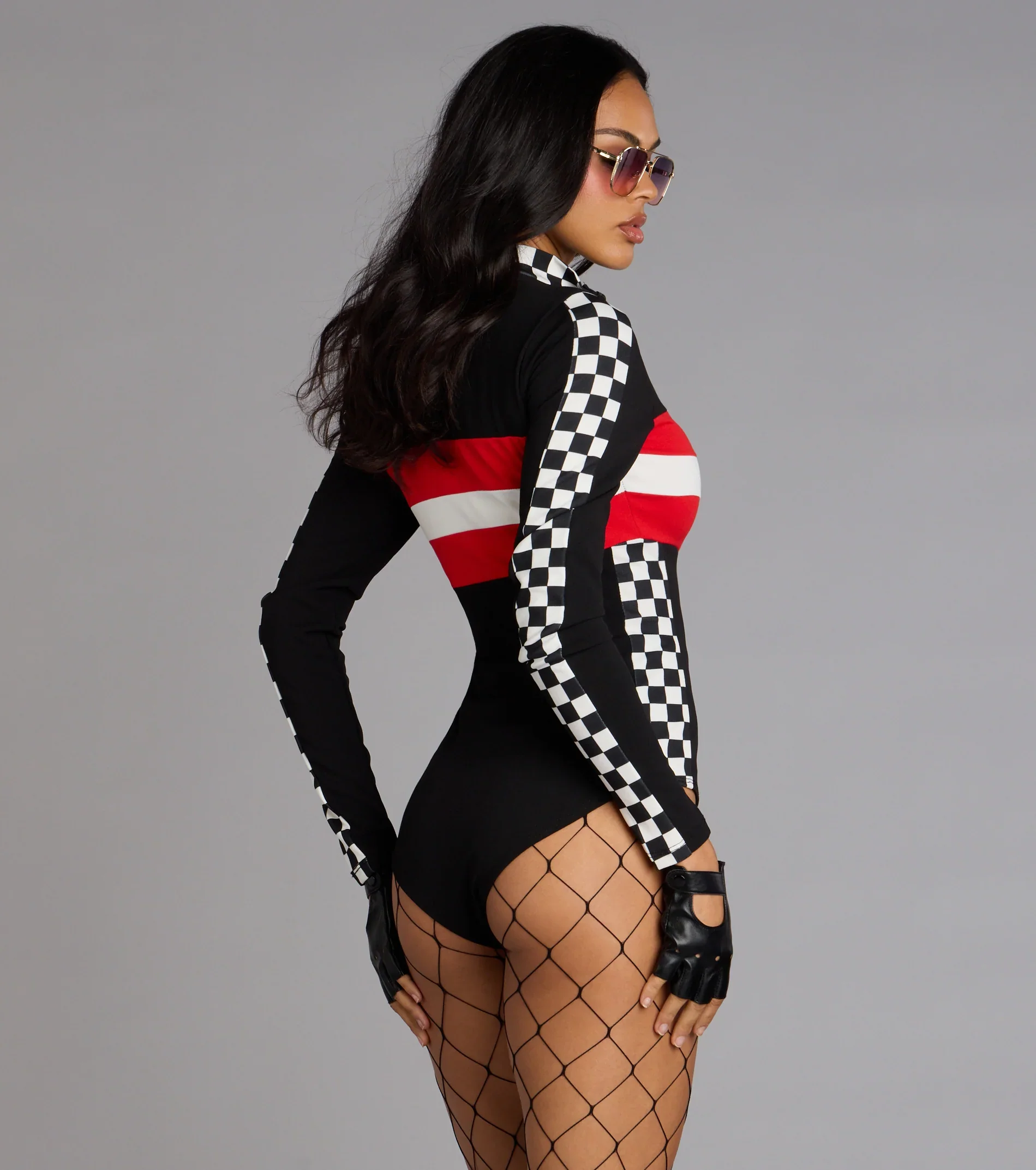 Racing Hottie Long Sleeve Checkered Bodysuit - luluinthesky