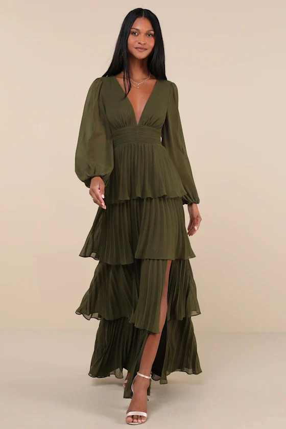 Graceful Finesse Olive Green Pleated Long Sleeve Maxi Dress - luluinthesky