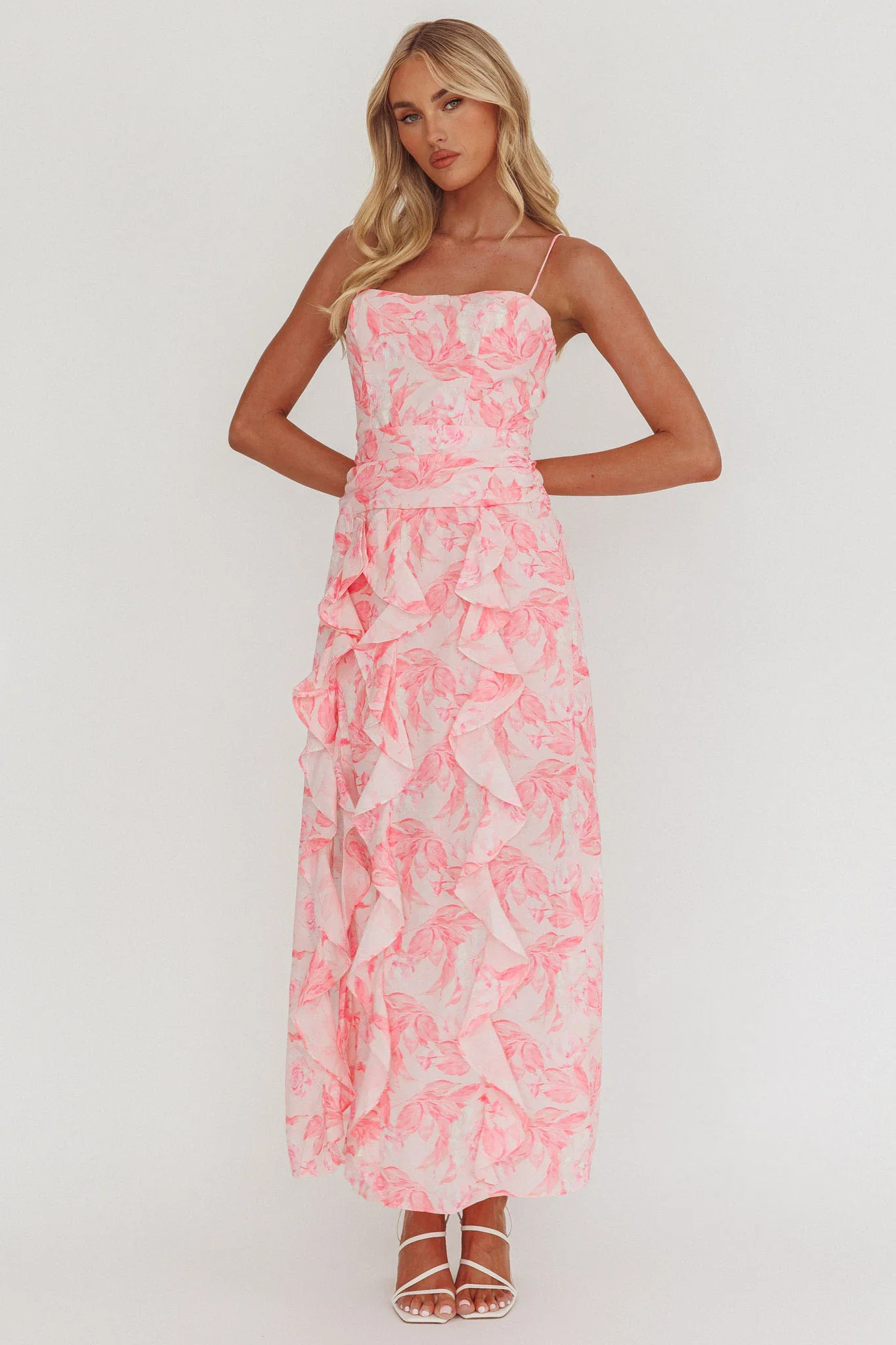 Serif Ruffle Trim Split Maxi Dress Pink - luluinthesky