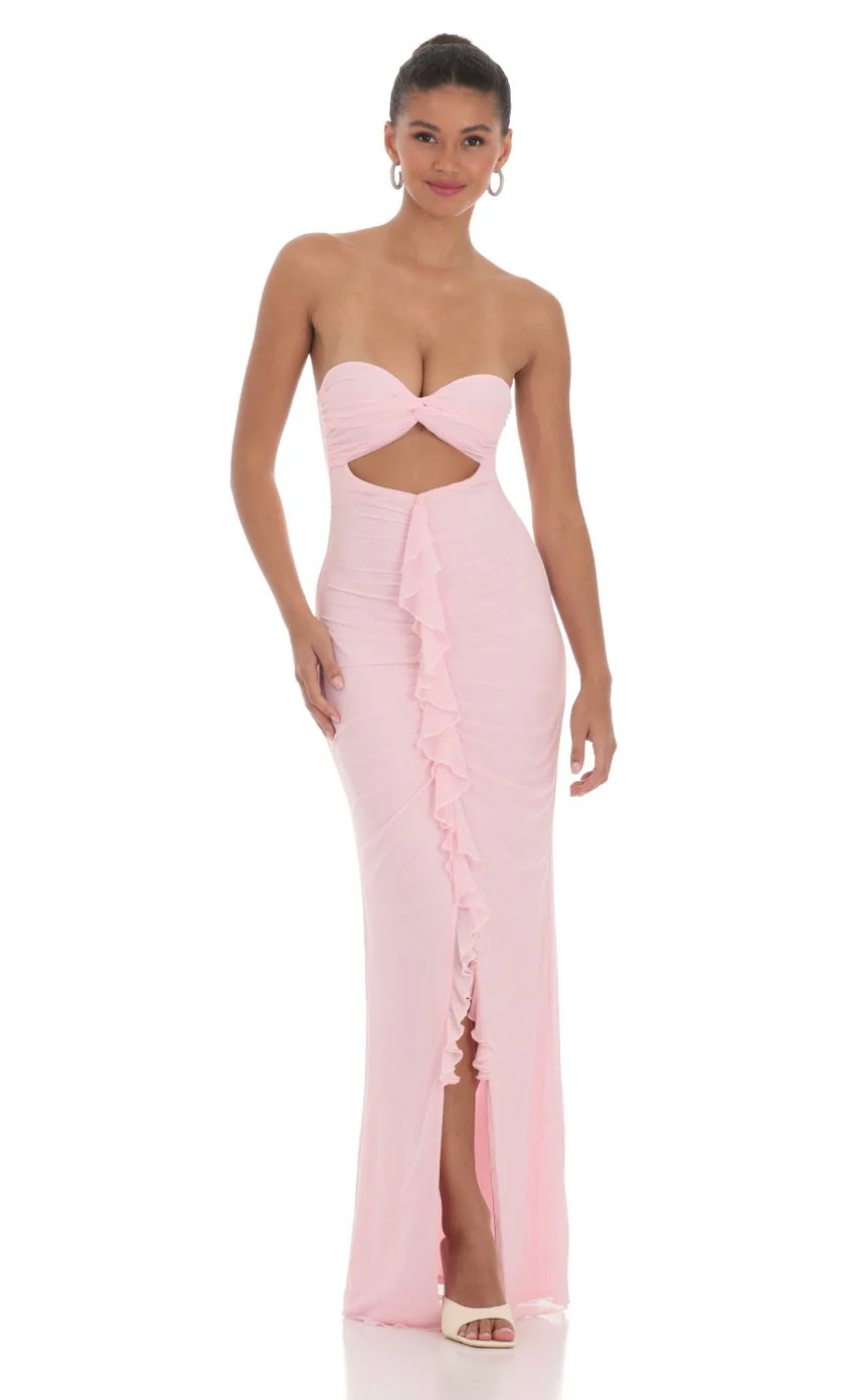 Mesh Cutout Ruffle Maxi Dress in Pink - luluinthesky