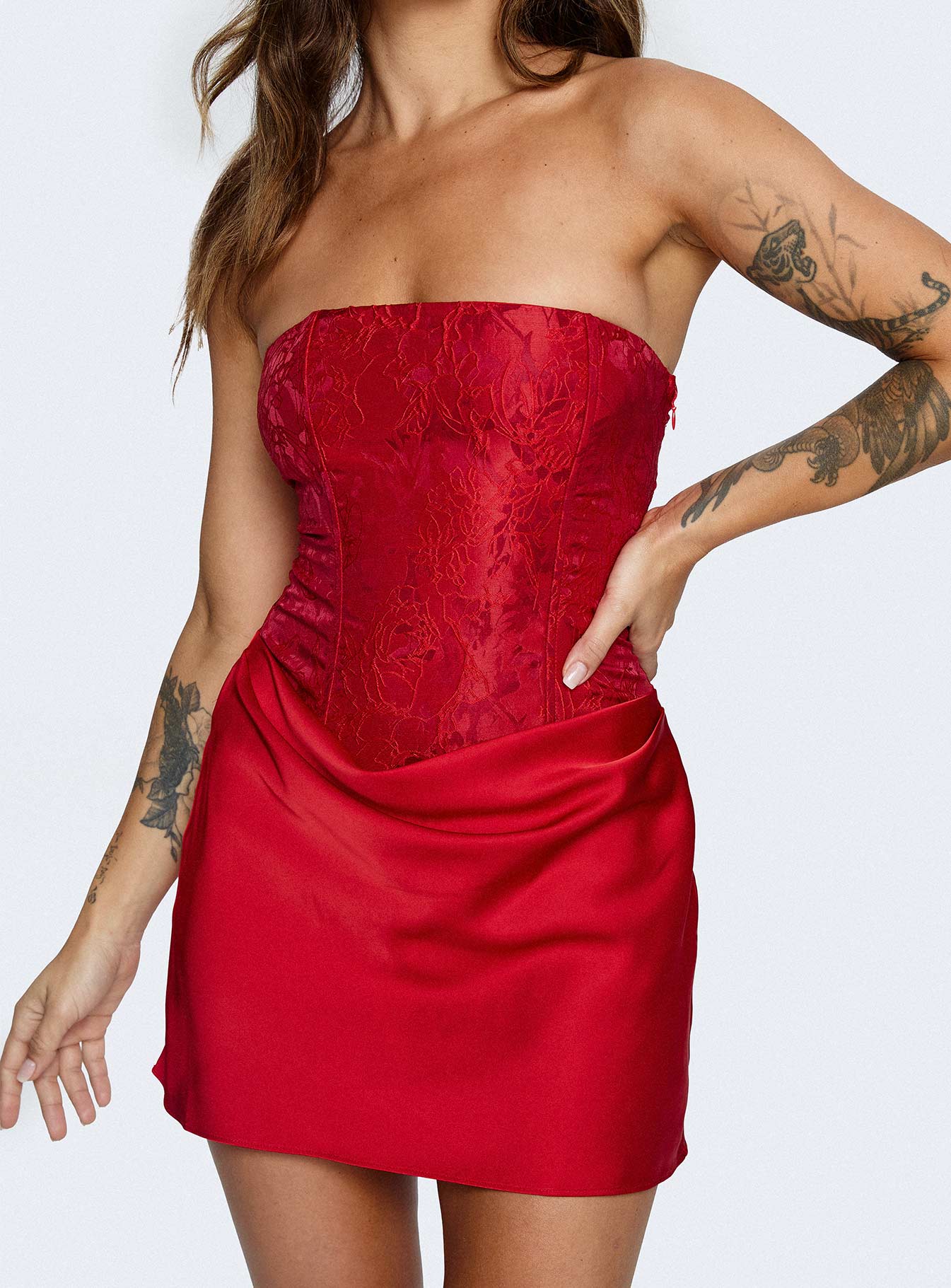 Jenevieve Strapless Drape Mini Dress Red - luluinthesky