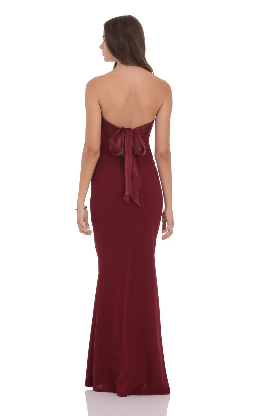 Back Bow Strapless Maxi Dress in Burgundy - luluinthesky