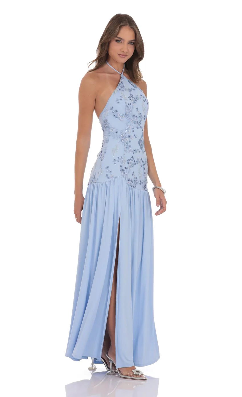 Drop Waist Sequin Maxi Dress in Light Blue - luluinthesky