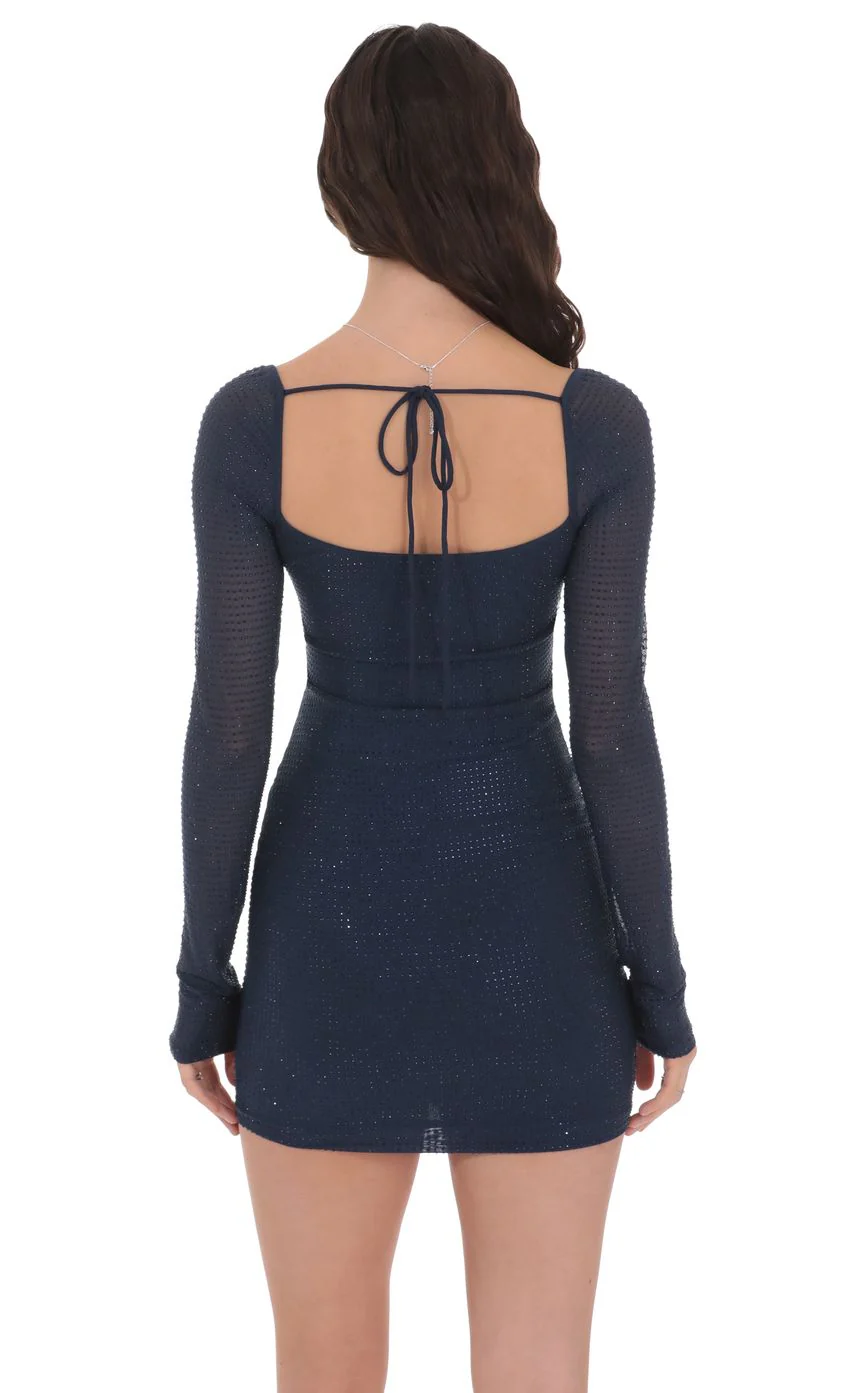 Rhinestone Long Sleeve Dress in Navy - luluinthesky