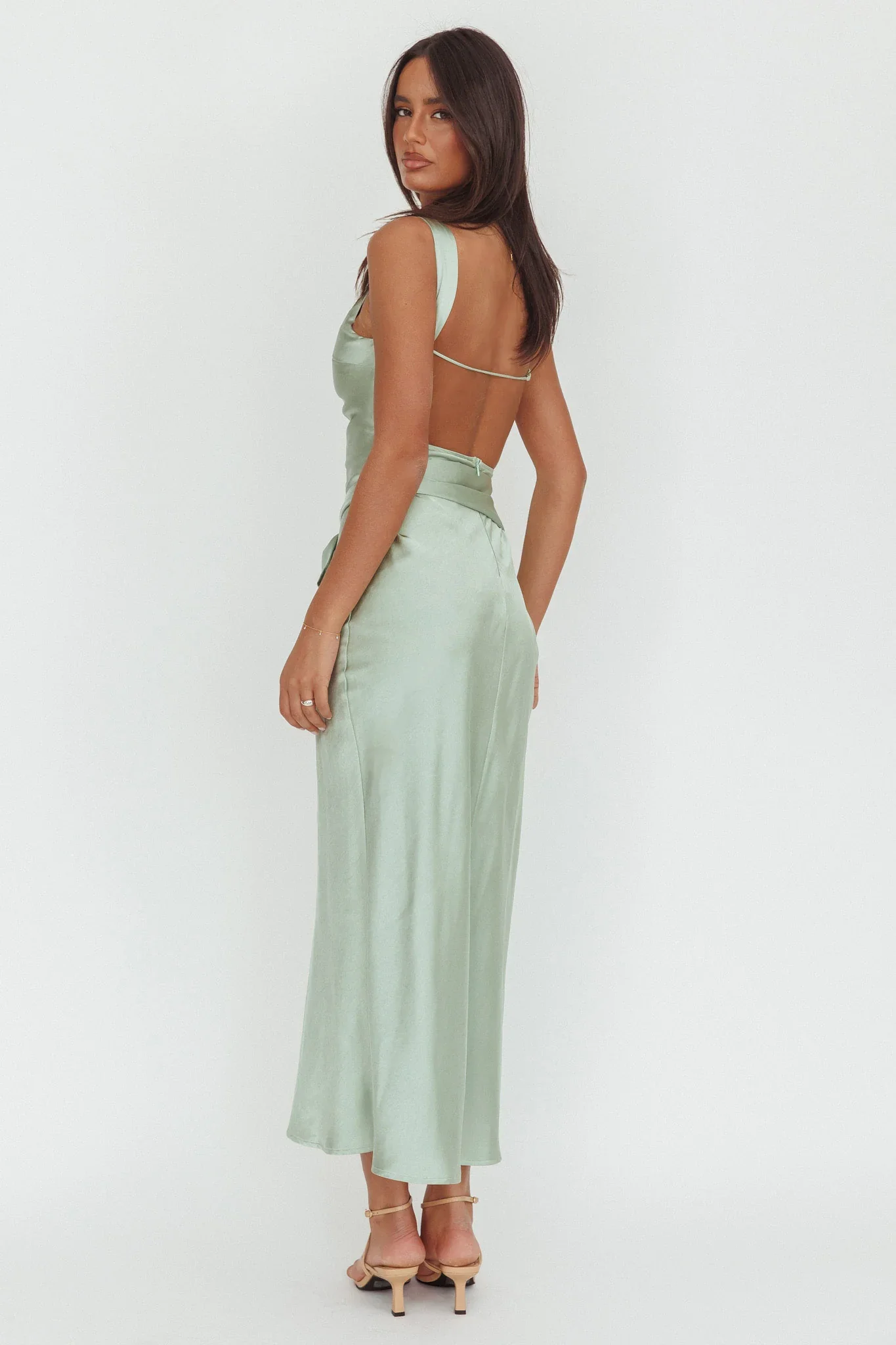 Standing By Backless Waist Tie Maxi Dress Sage - luluinthesky