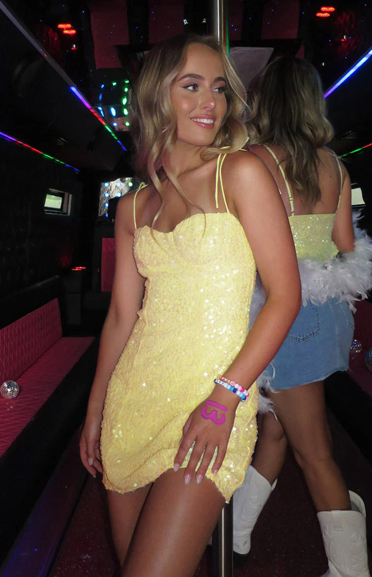 Penny Lane Yellow Sequin Mini Dress - luluinthesky
