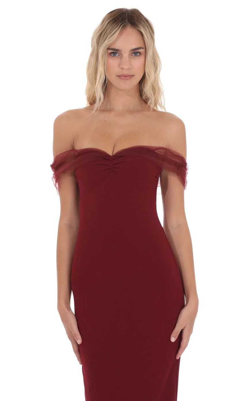 Tulle Off Shoulder Maxi Dress in Maroon - luluinthesky