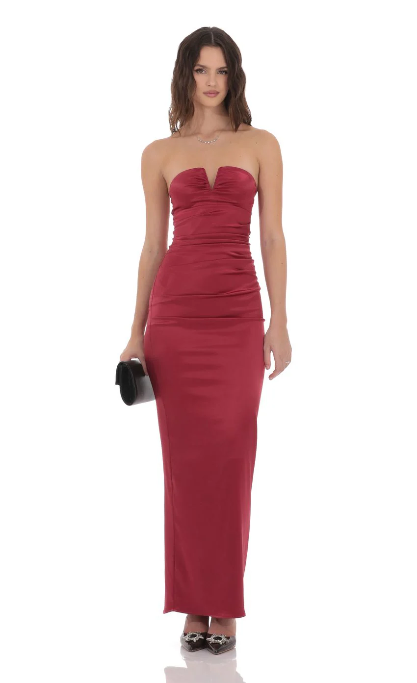 Satin V-Strapless Maxi Dress in Maroon - luluinthesky
