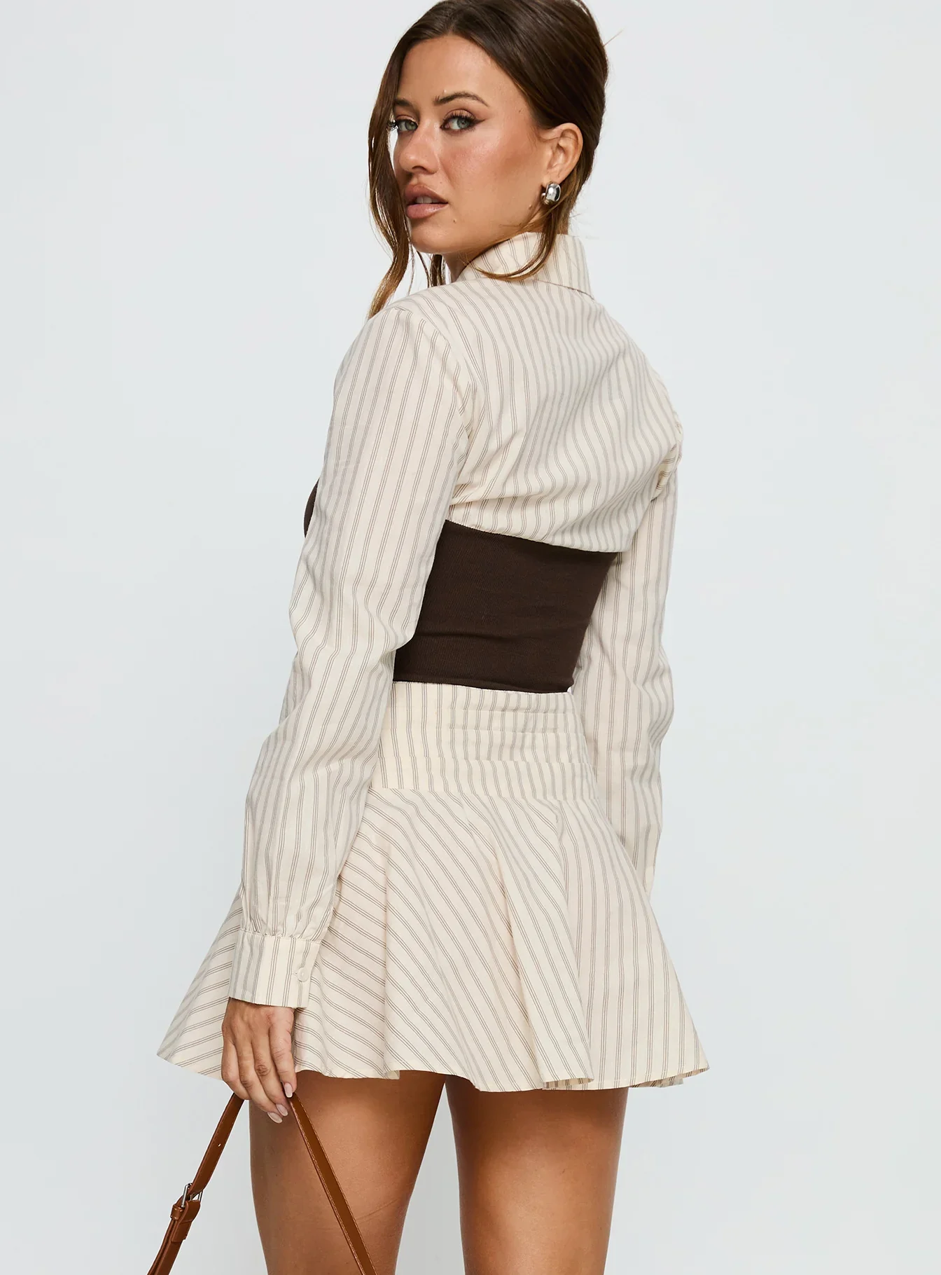 Belva Long Sleeve Corset Shirt Mini Dress Brown Stripe - luluinthesky