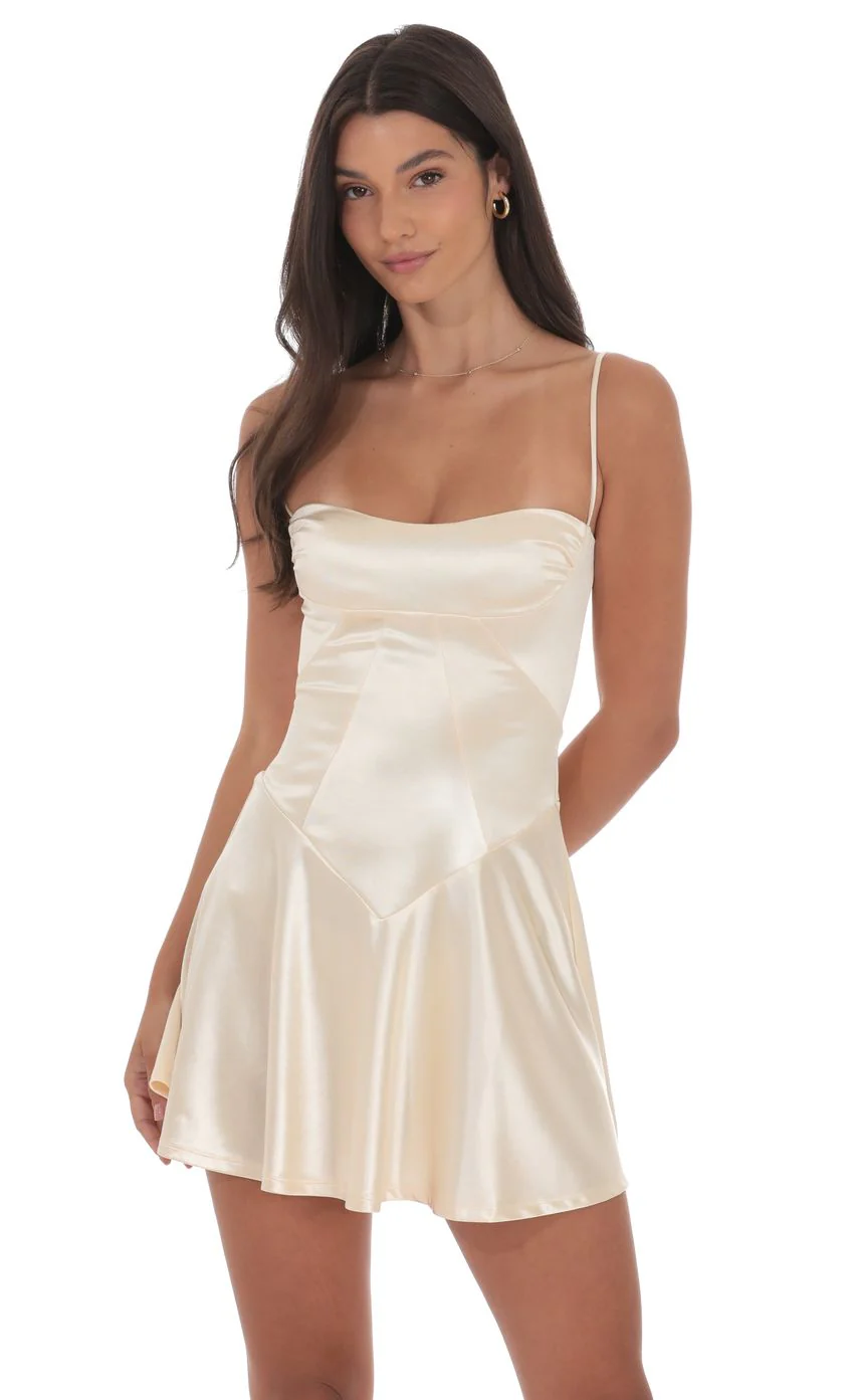 Satin V-Drop Waist Dress in Champagne - luluinthesky
