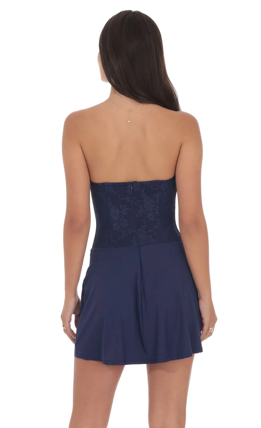 Draped Waist Lace Corset Dress in Navy - luluinthesky