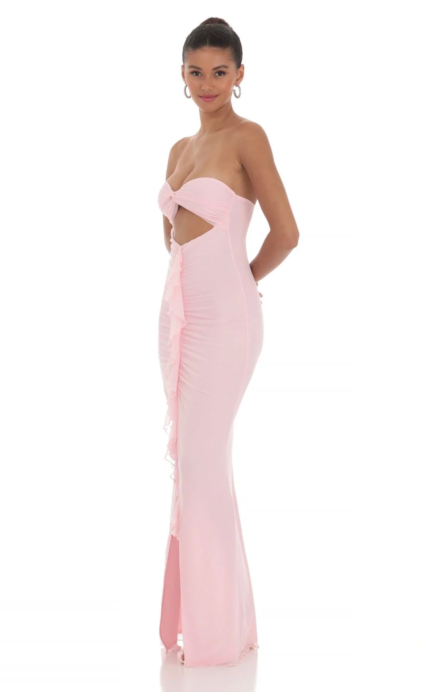 Mesh Cutout Ruffle Maxi Dress in Pink - luluinthesky