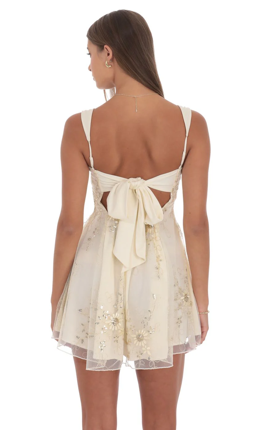 Floral Gold Sequin Fit and Flare Dress in Ivory - luluinthesky