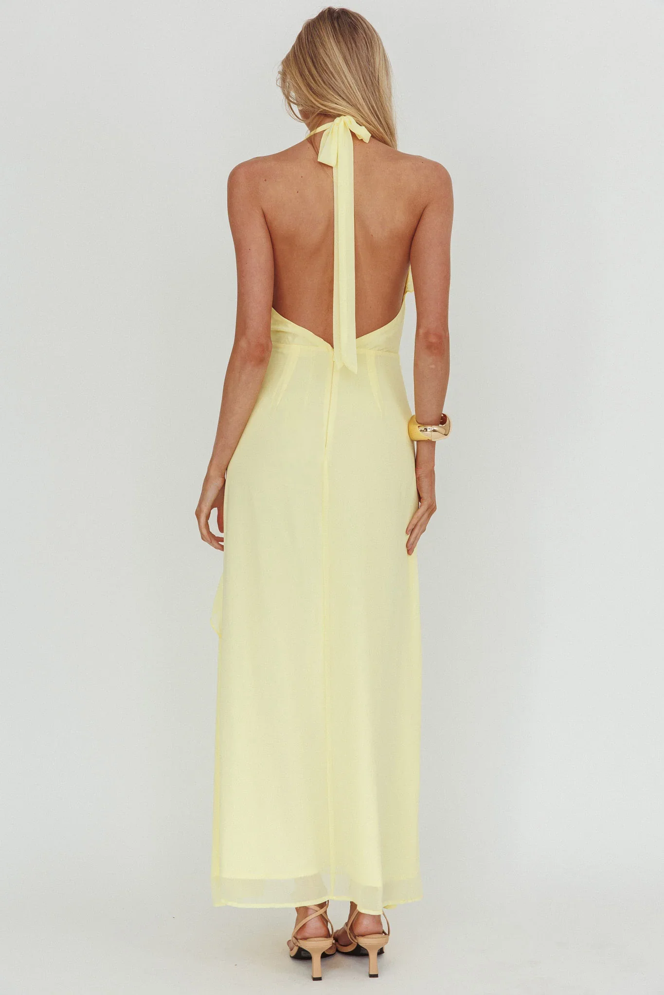 Enticing Halterneck Frill Maxi Dress Yellow - luluinthesky