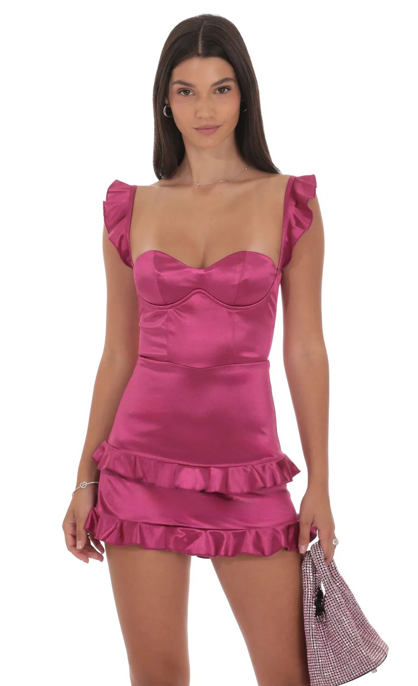 Satin Ruffle Corset Dress in Magenta - luluinthesky