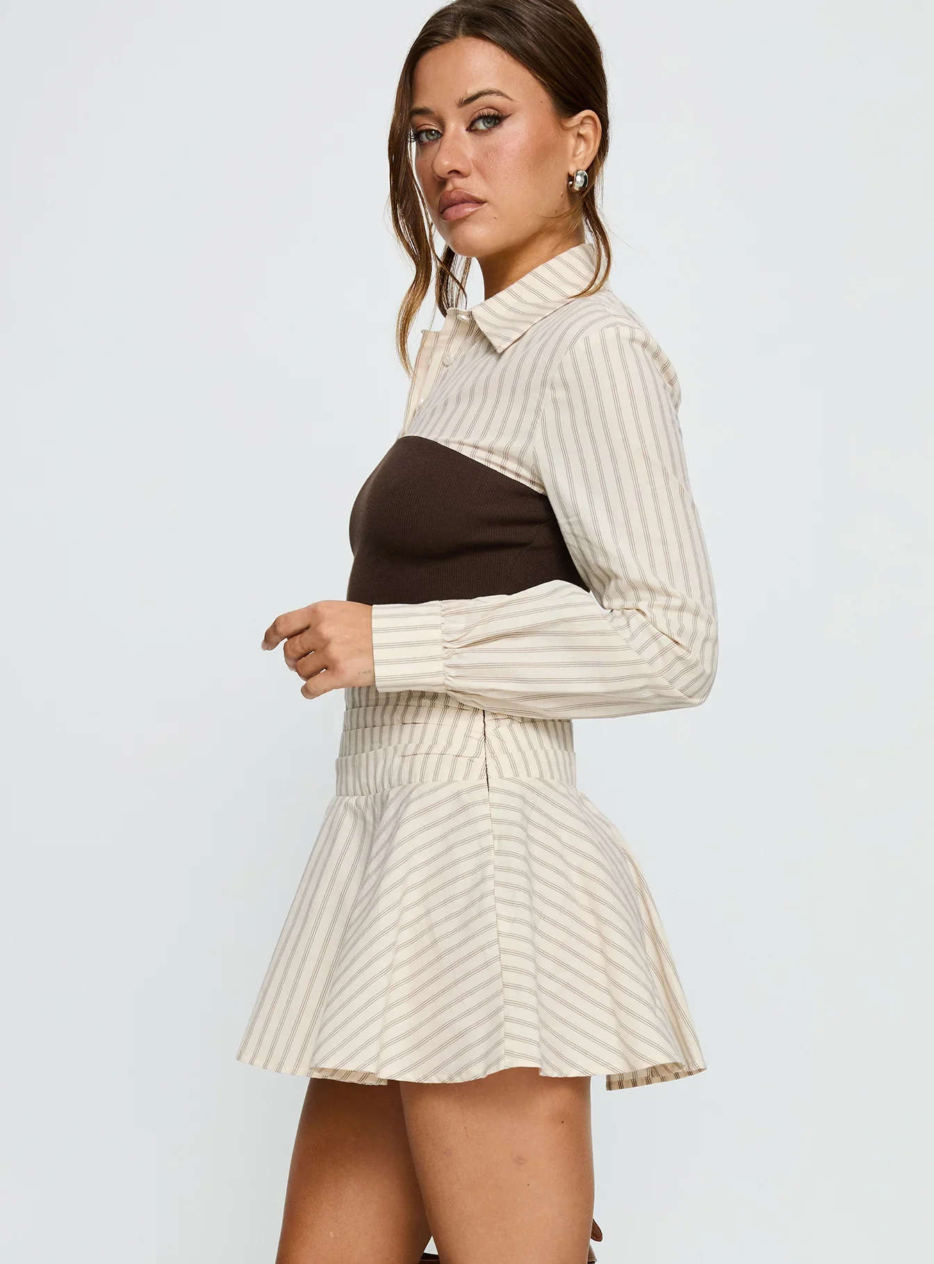 Belva Long Sleeve Corset Shirt Mini Dress Brown Stripe - luluinthesky