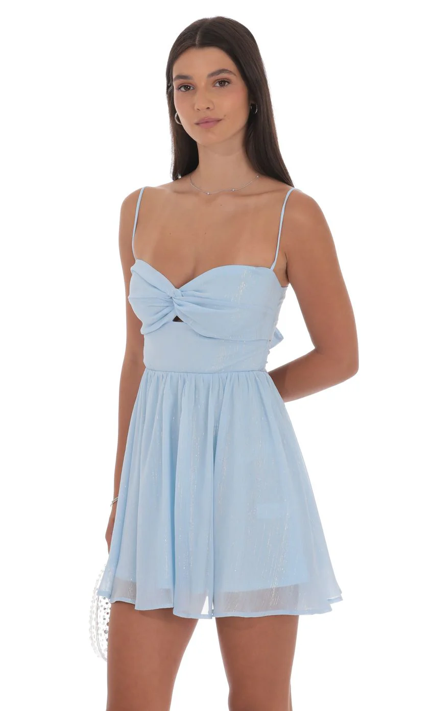 Shimmer Front Twist A-line Dress in Light Blue - luluinthesky