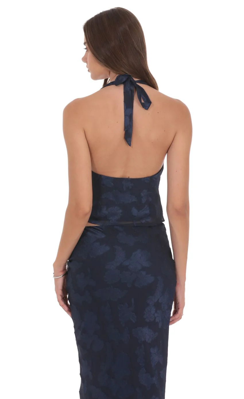 Floral Cowl Neck Halter Top in Navy - luluinthesky