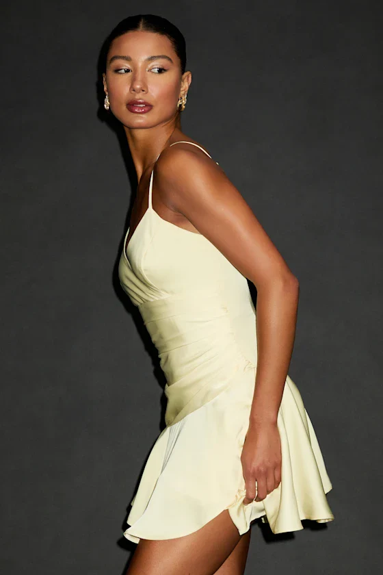 Riselle Light Yellow Satin Asymmetrical Mini Dress - luluinthesky