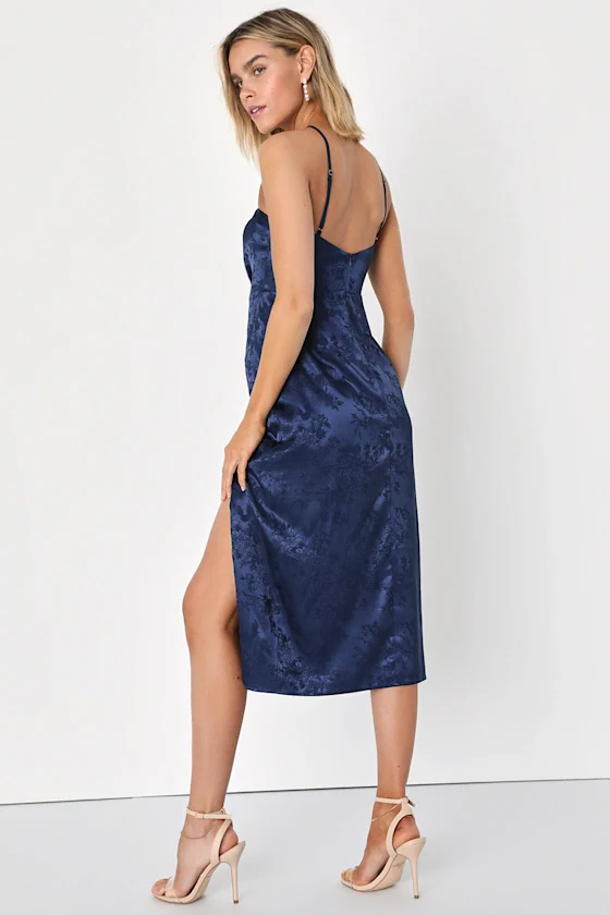 Desirable Dream Navy Blue Satin Jacquard Halter Neck Midi Dress - luluinthesky