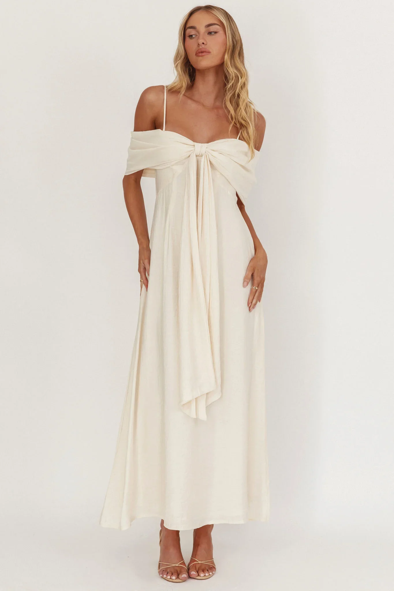 Lillibet Bow Tied Bust Midi Dress Cream - luluinthesky