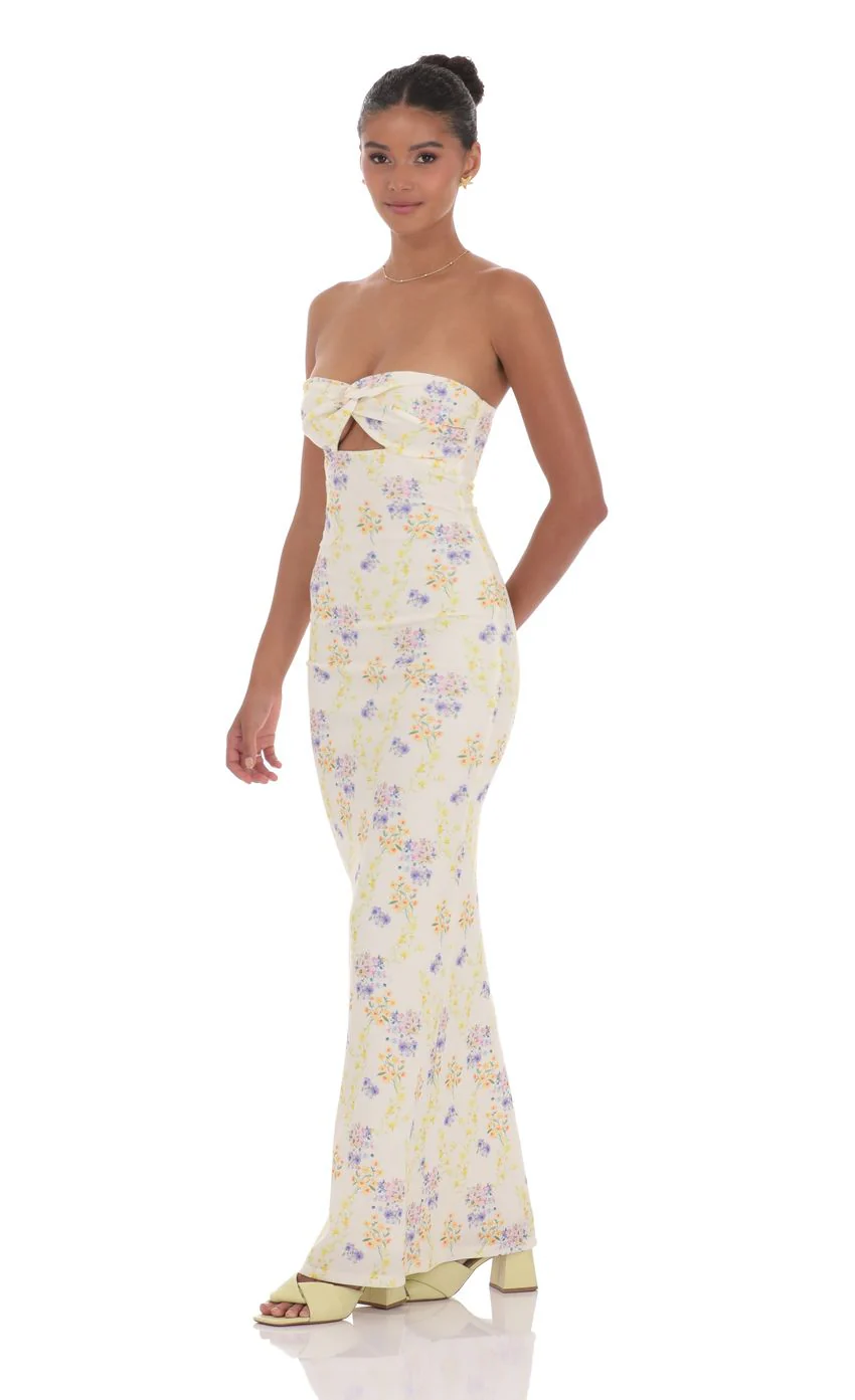 Floral Ribbed Cutout Twist Maxi Dress in Yellow - luluinthesky
