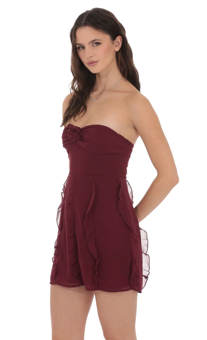 Chiffon Rosette Ruffle Dress in Burgundy - luluinthesky
