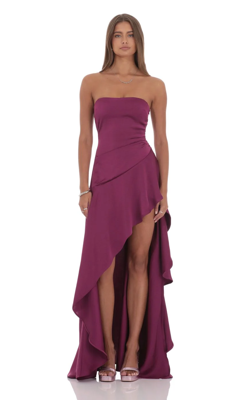 Satin High Low Maxi Dress in Plum - luluinthesky