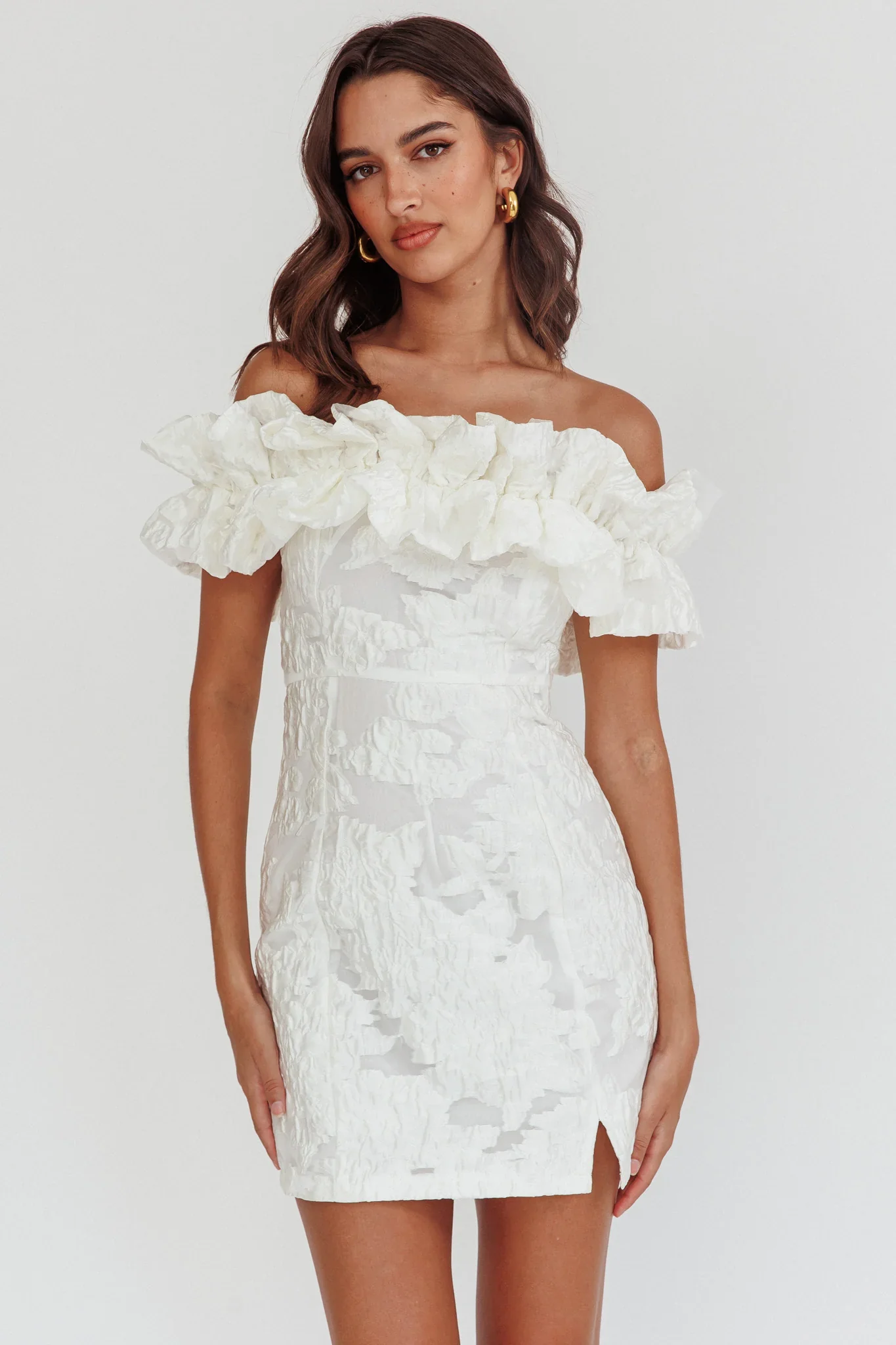 Memoire Off-Shoulder Textured Mini Dress White - luluinthesky