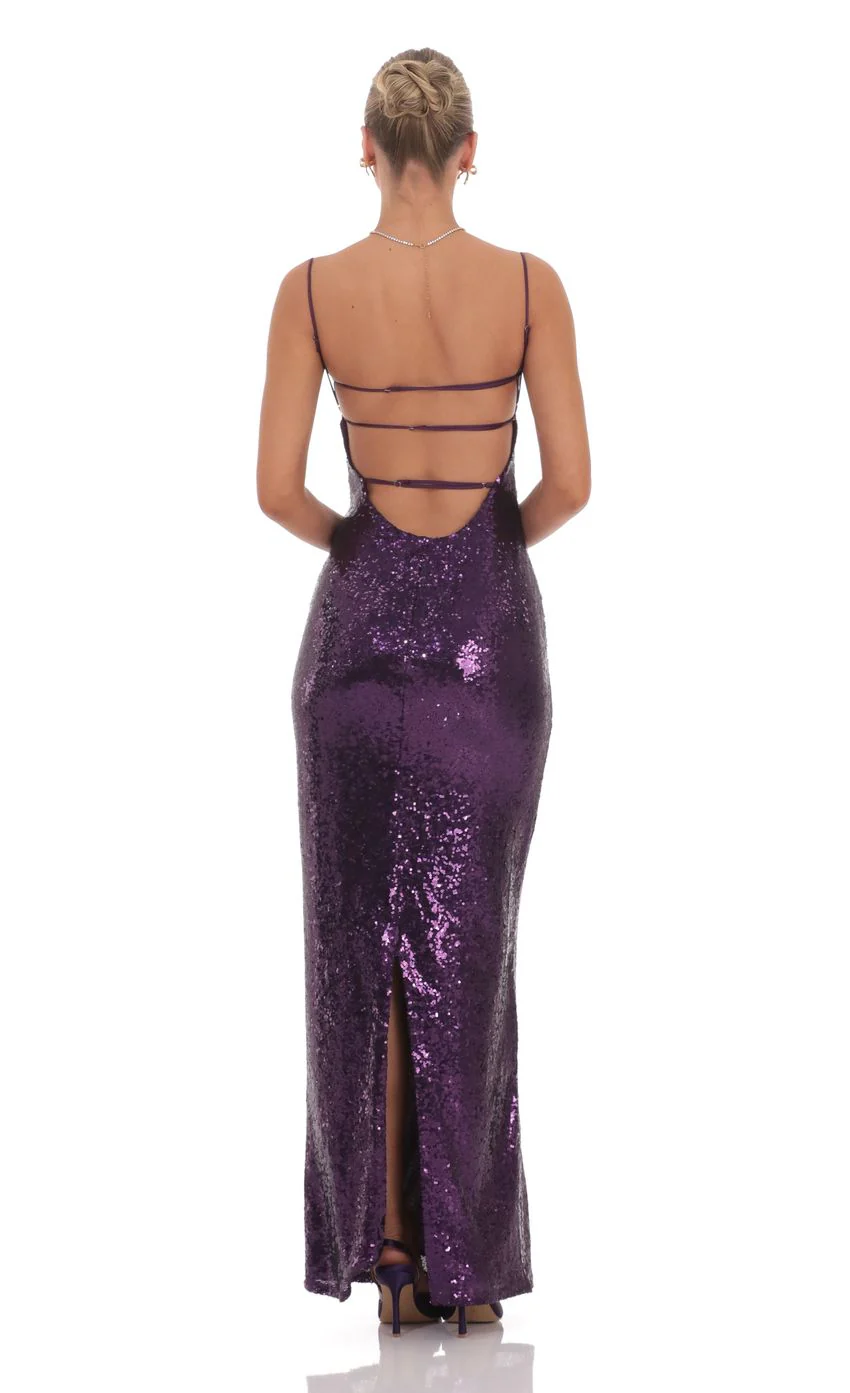 Sequin Open Back Maxi Dress in Purple - luluinthesky