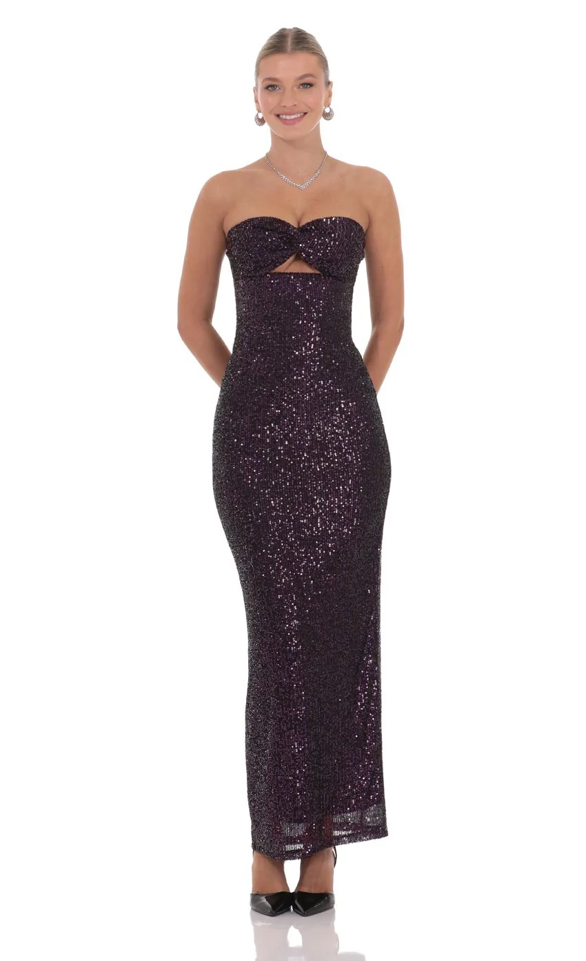 Sequin Cutout Maxi Dress in Dark Plum - luluinthesky